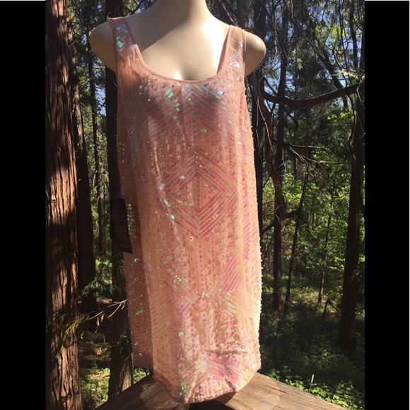 Bebe peach sequins tank top mini flowy pastel orange shift flapper girl dress - Picture 1 of 7